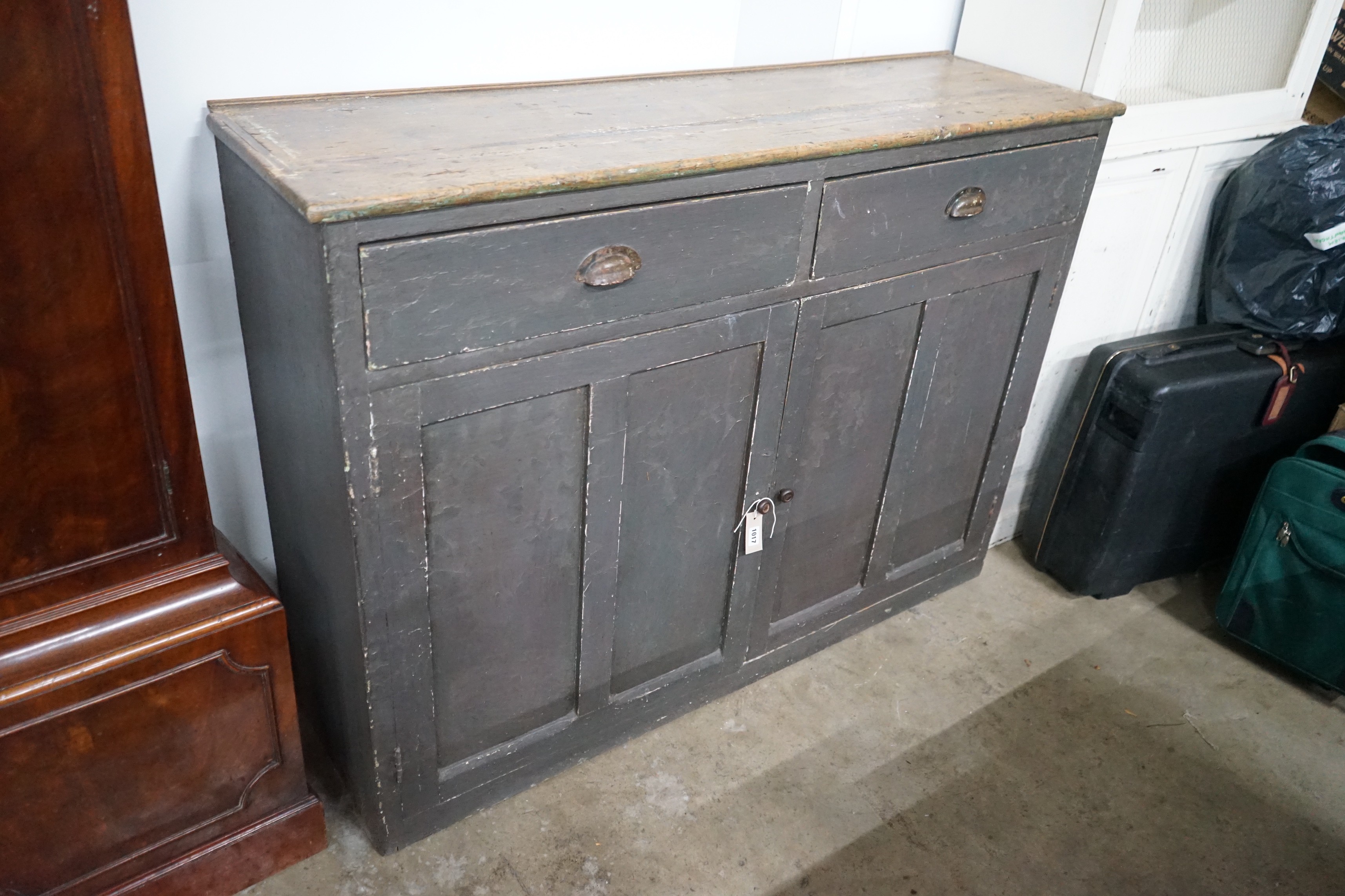 A Victorian painted pine side cabinet, width 140cm, depth 40cm, height 103cm